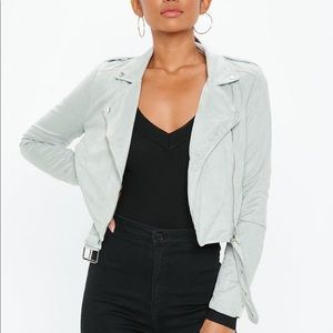 Light Gray Cropped Faux Suede Biker Jacket